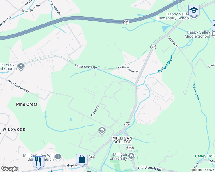 map of restaurants, bars, coffee shops, grocery stores, and more near 3 Milligan Lane in Johnson City