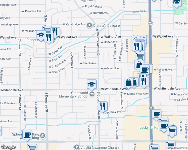 map of restaurants, bars, coffee shops, grocery stores, and more near 2933 West Cherry Avenue in Visalia
