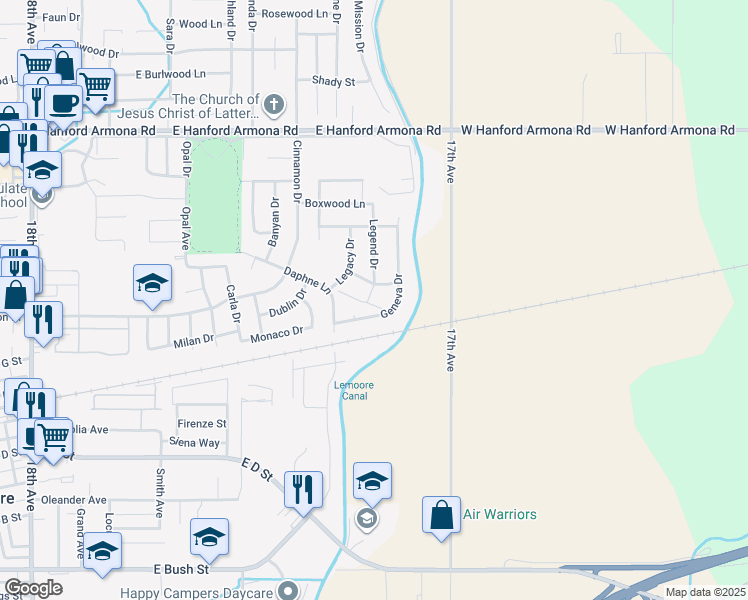 map of restaurants, bars, coffee shops, grocery stores, and more near 1026 Legend Place in Lemoore