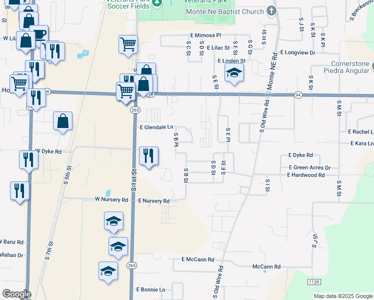 map of restaurants, bars, coffee shops, grocery stores, and more near 2018 East Dyke Road in Rogers