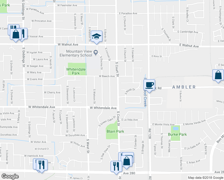 map of restaurants, bars, coffee shops, grocery stores, and more near 2538 South Locust Street in Visalia