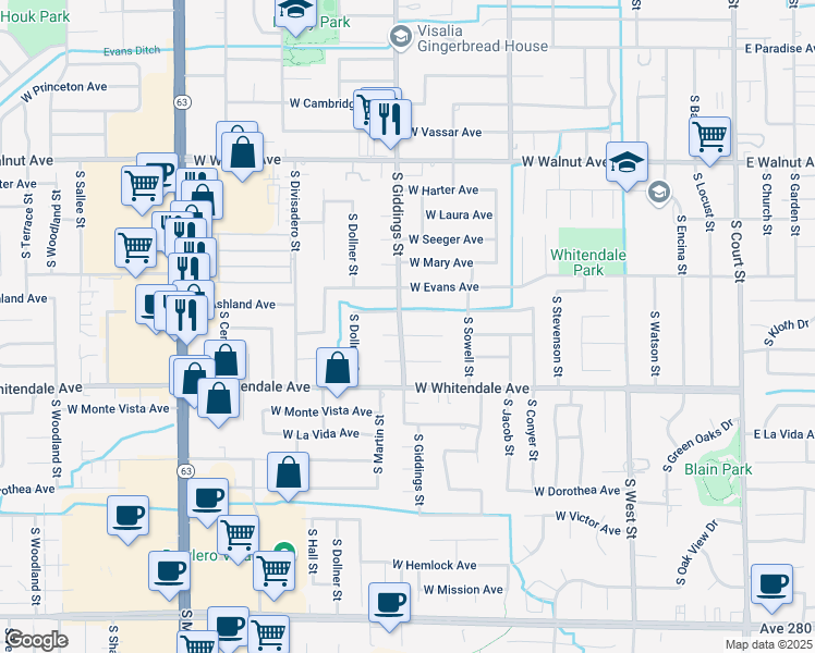 map of restaurants, bars, coffee shops, grocery stores, and more near 2528 South Giddings Street in Visalia