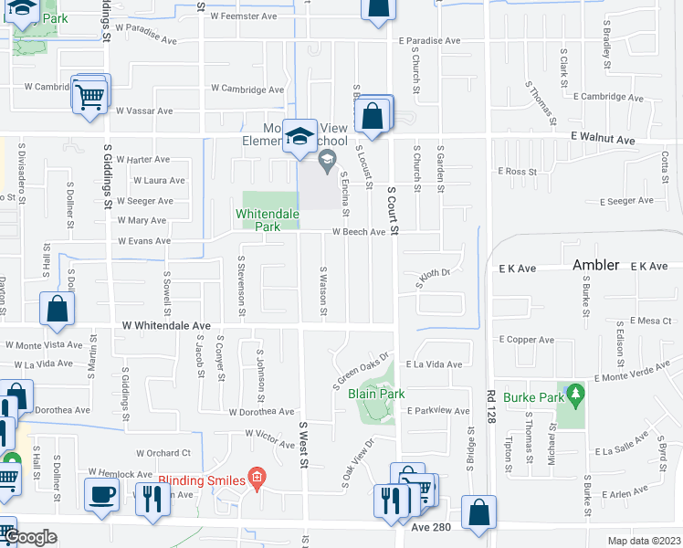 map of restaurants, bars, coffee shops, grocery stores, and more near 2537 South Encina Street in Visalia