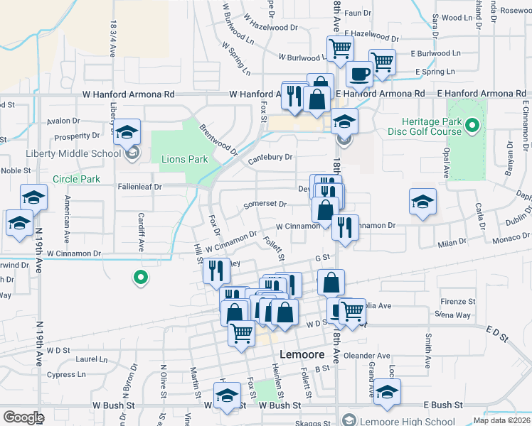 map of restaurants, bars, coffee shops, grocery stores, and more near 296 Greystone Court in Lemoore
