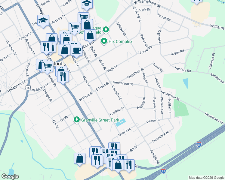 map of restaurants, bars, coffee shops, grocery stores, and more near 415 Raleigh Street in Oxford