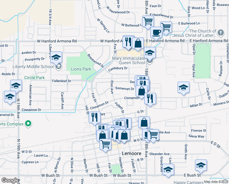 map of restaurants, bars, coffee shops, grocery stores, and more near 296 Greystone Court in Lemoore