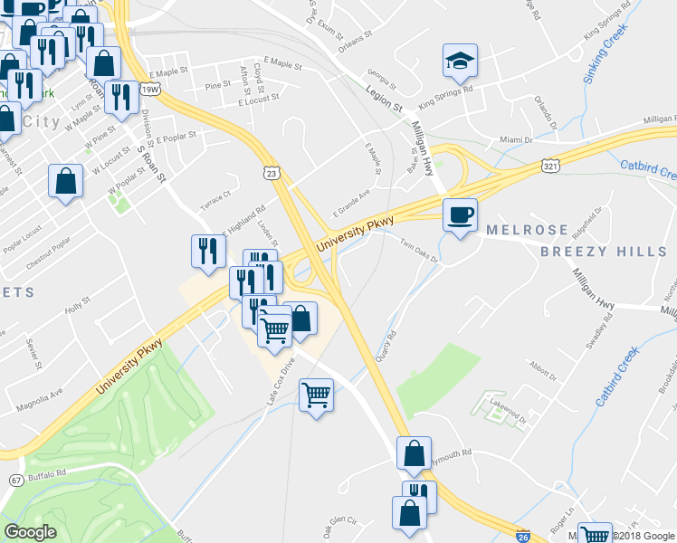 map of restaurants, bars, coffee shops, grocery stores, and more near 407 Twin Oaks Drive in Johnson City