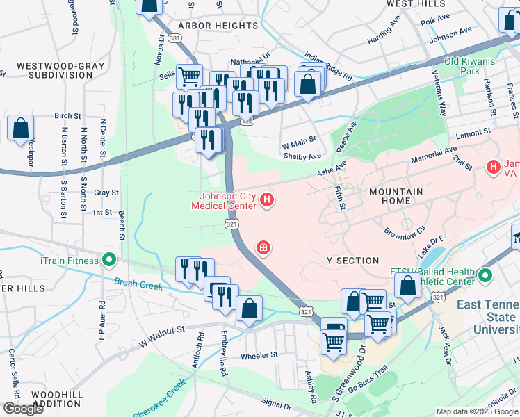 map of restaurants, bars, coffee shops, grocery stores, and more near 400 North State of Franklin Road in Johnson City