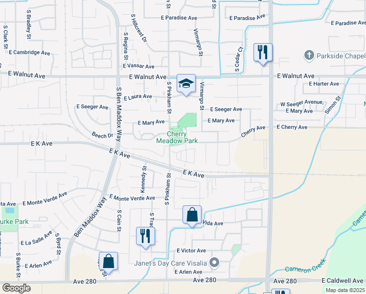 map of restaurants, bars, coffee shops, grocery stores, and more near 2301 East Evergreen Avenue in Visalia