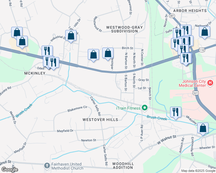 map of restaurants, bars, coffee shops, grocery stores, and more near 115 Woodlawn Drive in Johnson City