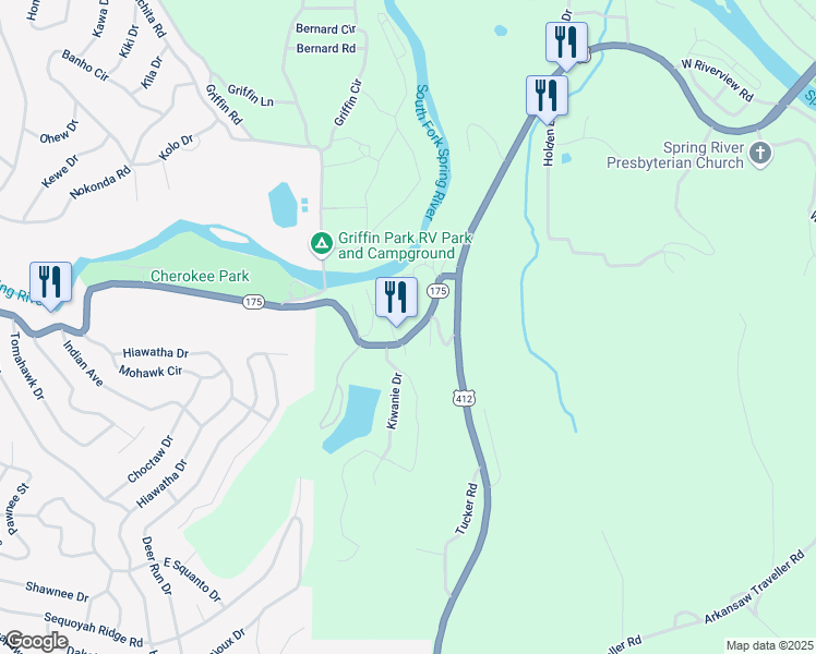 map of restaurants, bars, coffee shops, grocery stores, and more near 36 Kiwanie Circle in Hardy