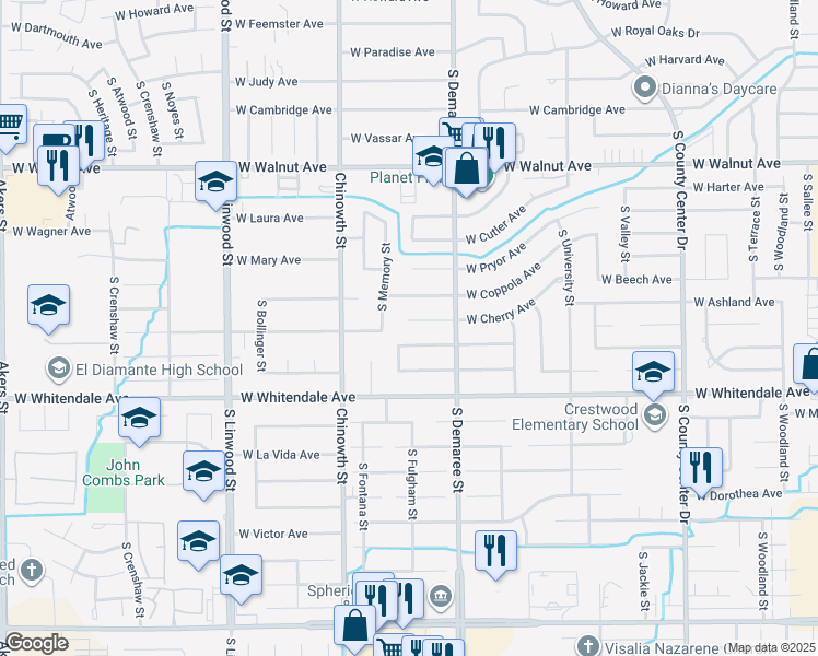map of restaurants, bars, coffee shops, grocery stores, and more near 3850 West Evergreen Avenue in Visalia