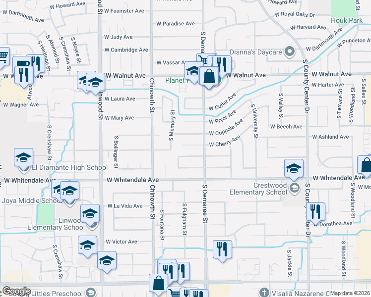 map of restaurants, bars, coffee shops, grocery stores, and more near 3740 West Evergreen Avenue in Visalia