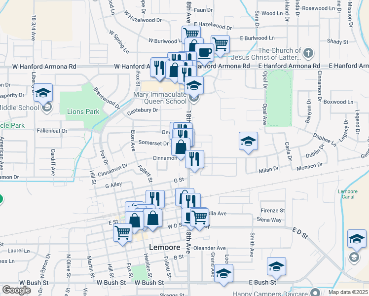 map of restaurants, bars, coffee shops, grocery stores, and more near 885 North Lemoore Avenue in Lemoore