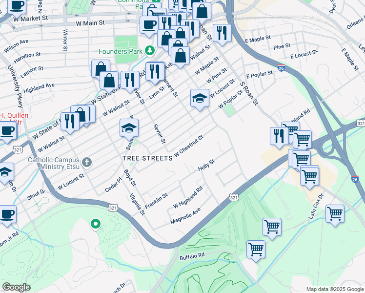 map of restaurants, bars, coffee shops, grocery stores, and more near 428 West Chestnut Street in Johnson City