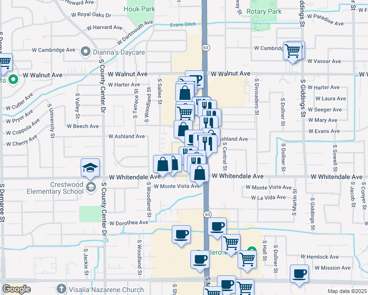 map of restaurants, bars, coffee shops, grocery stores, and more near 2350 West Whitendale Avenue in Visalia