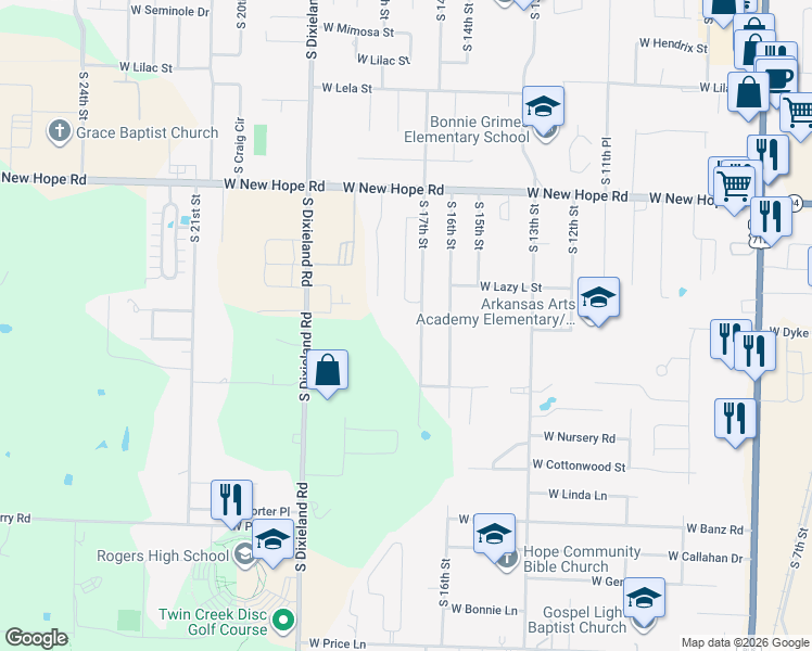 map of restaurants, bars, coffee shops, grocery stores, and more near 2004 South 17th Street in Rogers