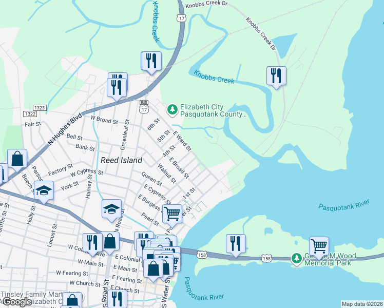 map of restaurants, bars, coffee shops, grocery stores, and more near 916 3rd Street in Elizabeth City