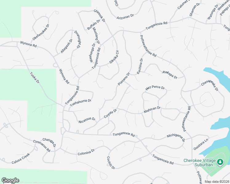 map of restaurants, bars, coffee shops, grocery stores, and more near Piasano Drive in Cherokee Village