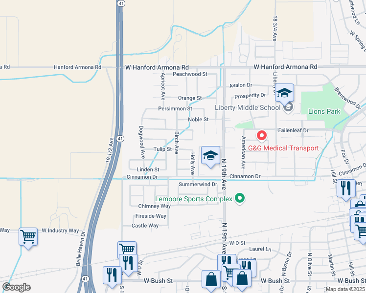 map of restaurants, bars, coffee shops, grocery stores, and more near 1464 Tulip Street in Lemoore