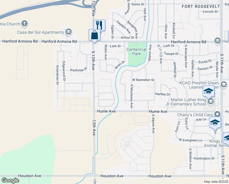 map of restaurants, bars, coffee shops, grocery stores, and more near 1522 West Kepler Court in Hanford