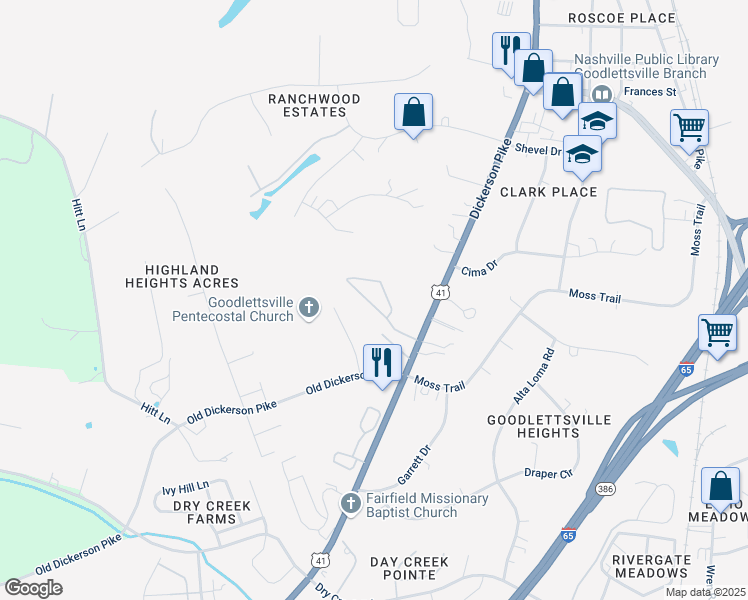 map of restaurants, bars, coffee shops, grocery stores, and more near 825 Dickerson Road in Goodlettsville