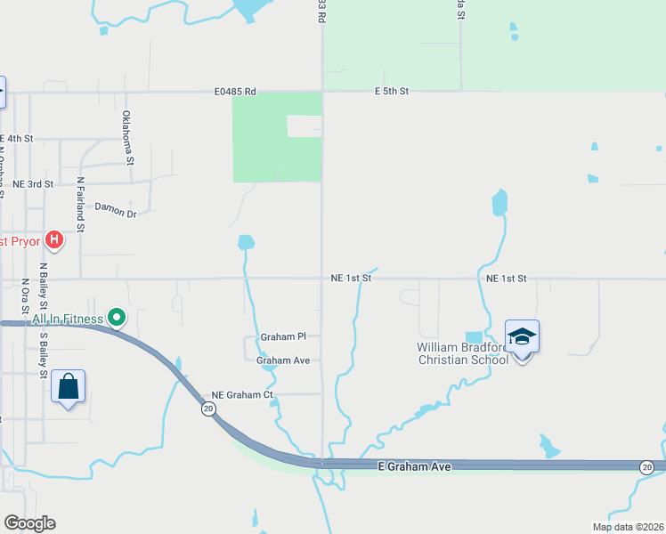 map of restaurants, bars, coffee shops, grocery stores, and more near 2022 Northeast 1st Street in Pryor
