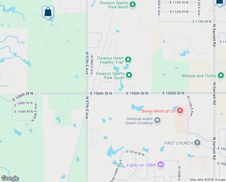 map of restaurants, bars, coffee shops, grocery stores, and more near 10018 East 106th Court North in Owasso