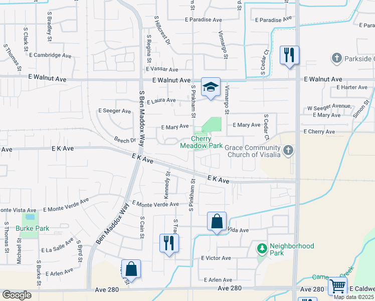 map of restaurants, bars, coffee shops, grocery stores, and more near 2207 East Cherry Avenue in Visalia