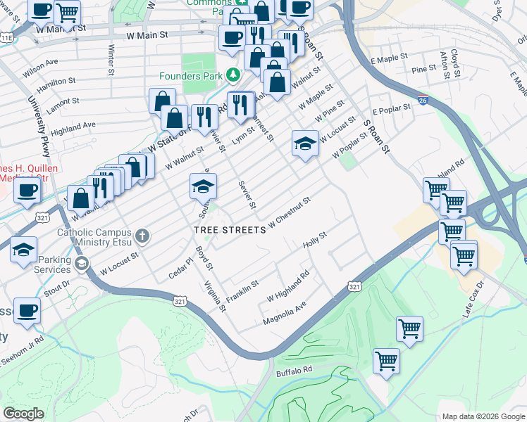 map of restaurants, bars, coffee shops, grocery stores, and more near 501 West Poplar Street in Johnson City