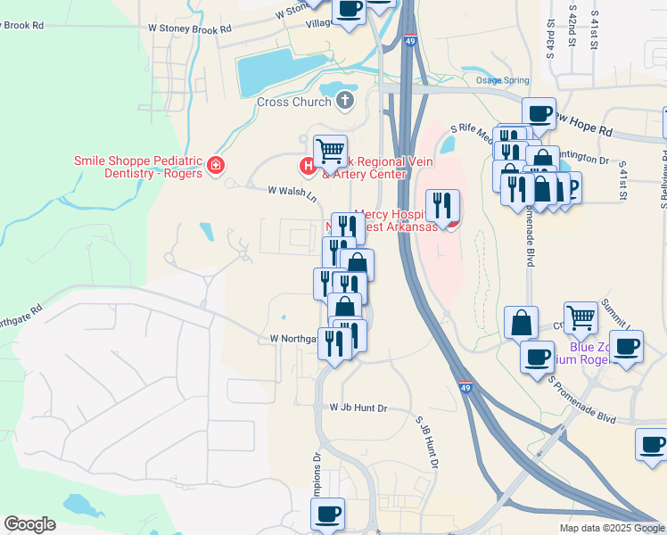 map of restaurants, bars, coffee shops, grocery stores, and more near 3100 South Market Street in Rogers