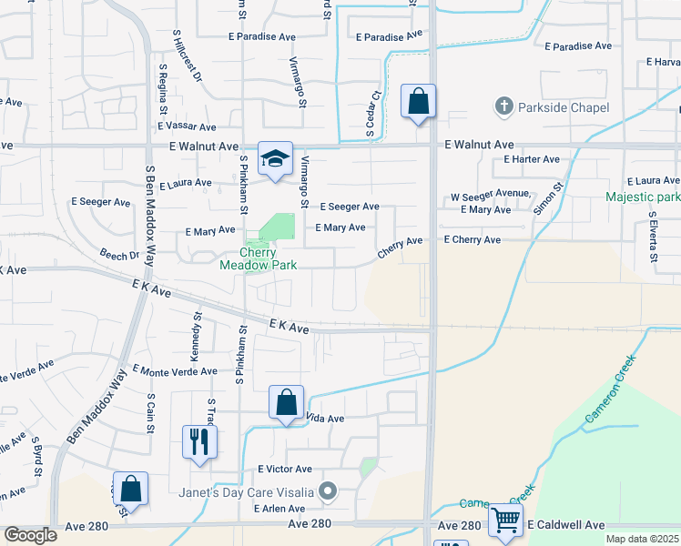map of restaurants, bars, coffee shops, grocery stores, and more near 2612 Cherry Avenue in Visalia