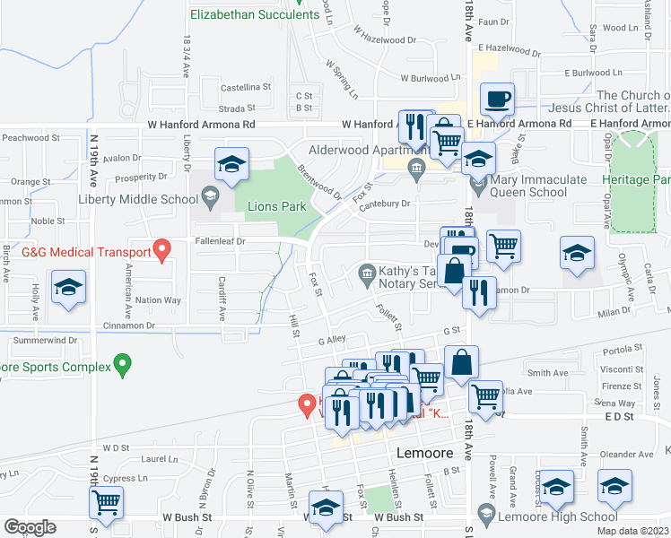 map of restaurants, bars, coffee shops, grocery stores, and more near 809 Heath Court in Lemoore