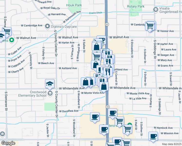 map of restaurants, bars, coffee shops, grocery stores, and more near 2350 West Whitendale Avenue in Visalia
