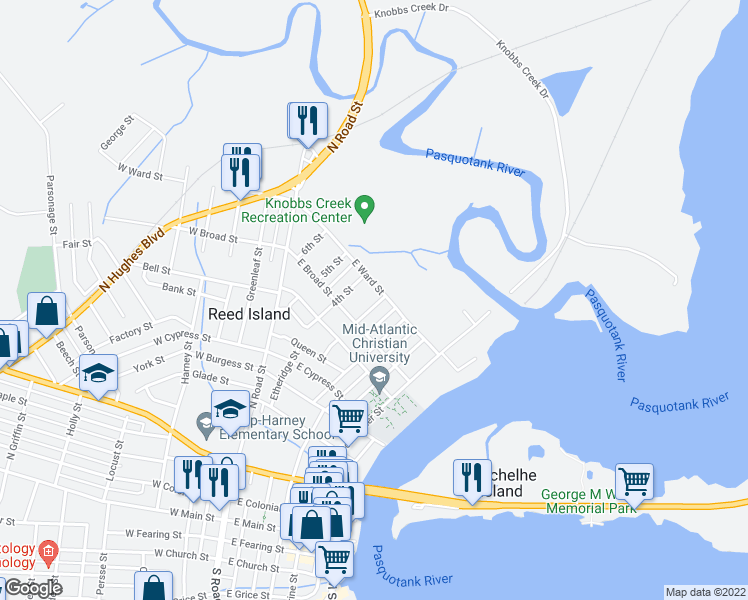 map of restaurants, bars, coffee shops, grocery stores, and more near 913 3rd Street in Elizabeth City