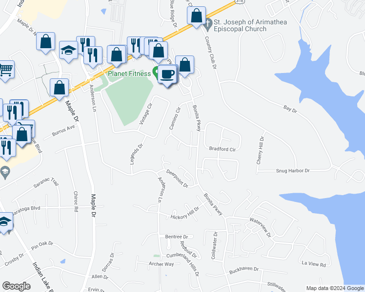 map of restaurants, bars, coffee shops, grocery stores, and more near 132 Camino Circle in Hendersonville