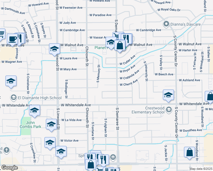 map of restaurants, bars, coffee shops, grocery stores, and more near 3740 West Evergreen Avenue in Visalia