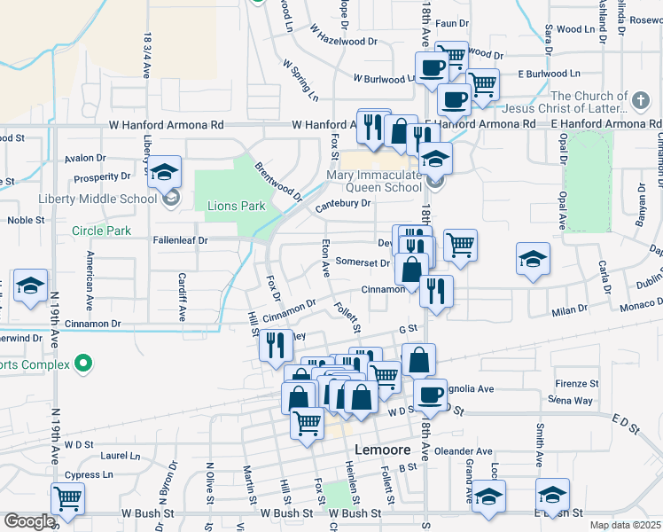 map of restaurants, bars, coffee shops, grocery stores, and more near 297 Somerset Drive in Lemoore