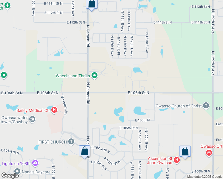 map of restaurants, bars, coffee shops, grocery stores, and more near 11525 East 106th Street North in Owasso