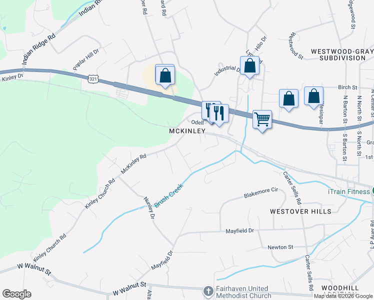 map of restaurants, bars, coffee shops, grocery stores, and more near 104 Judd Lane in Johnson City