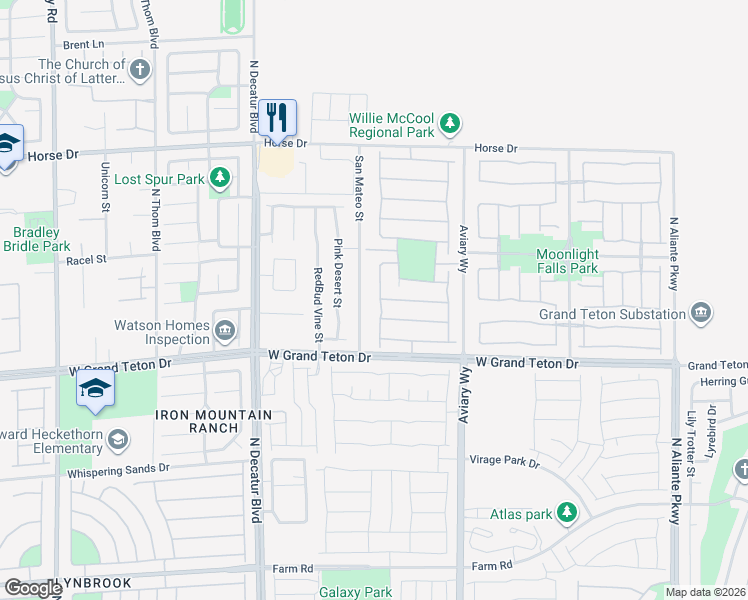 map of restaurants, bars, coffee shops, grocery stores, and more near 8105 Meadow Falls Street in North Las Vegas