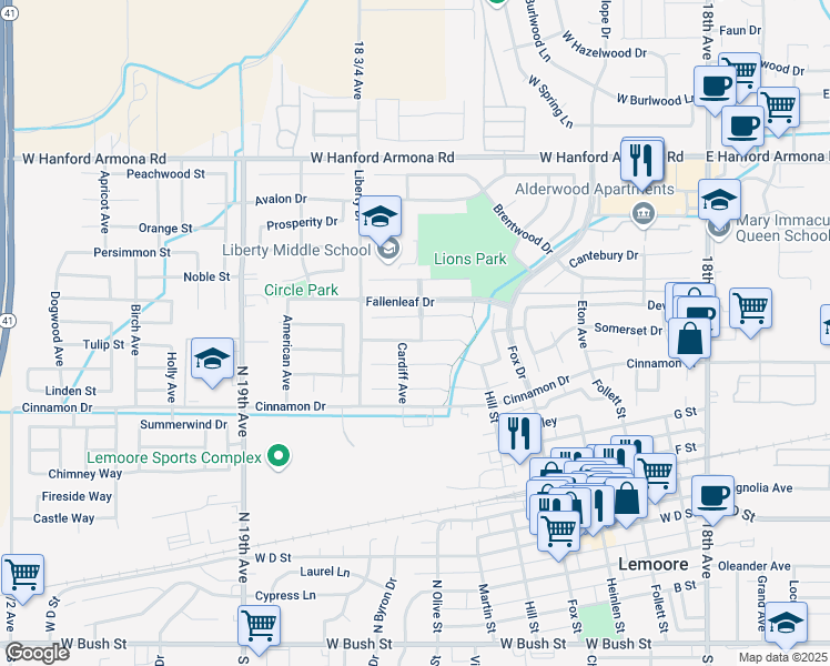 map of restaurants, bars, coffee shops, grocery stores, and more near 802 Wexford Drive in Lemoore