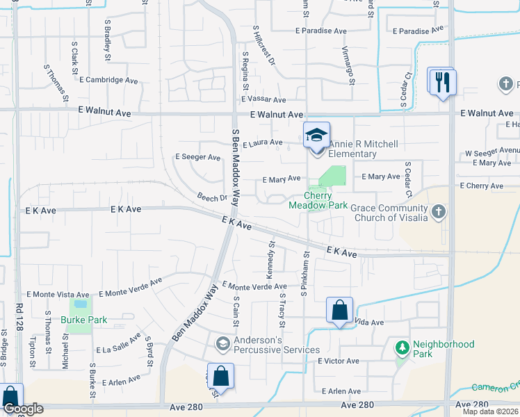 map of restaurants, bars, coffee shops, grocery stores, and more near 1809 East Evergreen Court in Visalia