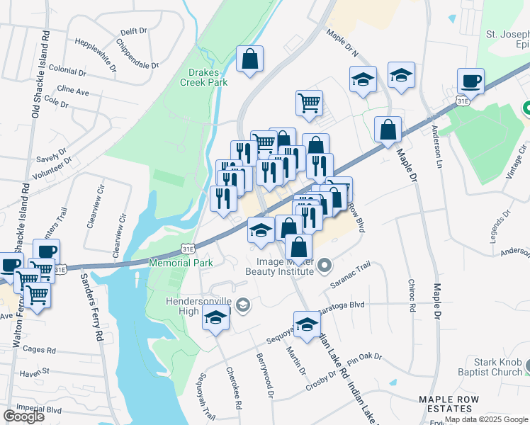 map of restaurants, bars, coffee shops, grocery stores, and more near 225 East Main Street in Hendersonville