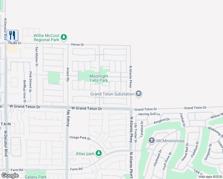 map of restaurants, bars, coffee shops, grocery stores, and more near 3909 Bracebridge Falls Avenue in North Las Vegas