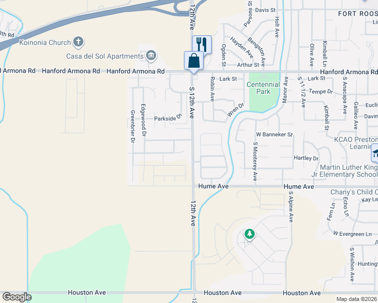 map of restaurants, bars, coffee shops, grocery stores, and more near 11400 12th Avenue in Hanford