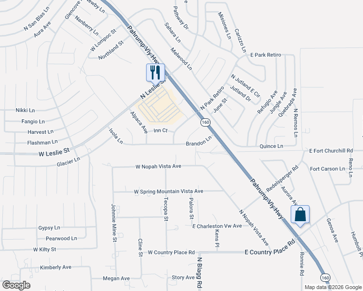 map of restaurants, bars, coffee shops, grocery stores, and more near 161 Brandon Lane in Pahrump