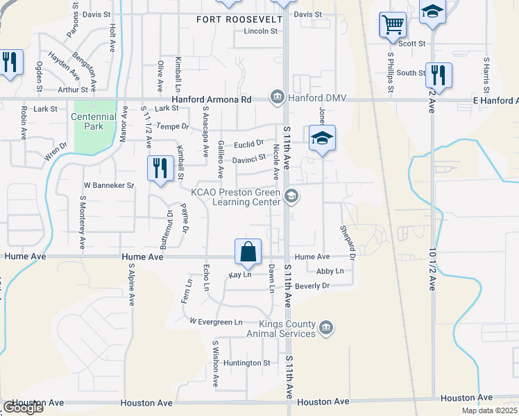map of restaurants, bars, coffee shops, grocery stores, and more near 847 Marconi Drive in Hanford