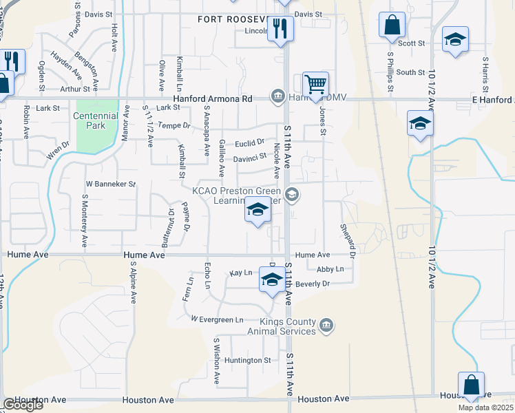 map of restaurants, bars, coffee shops, grocery stores, and more near 847 Marconi Drive in Hanford
