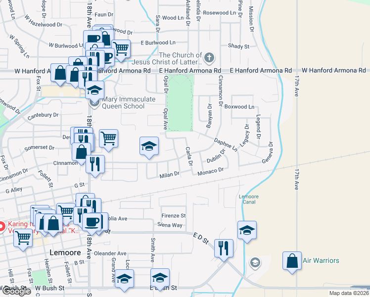 map of restaurants, bars, coffee shops, grocery stores, and more near 741 East Cinnamon Drive in Lemoore